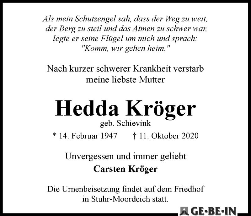  Traueranzeige für Hedda Kröger vom 17.10.2020 aus WESER-KURIER