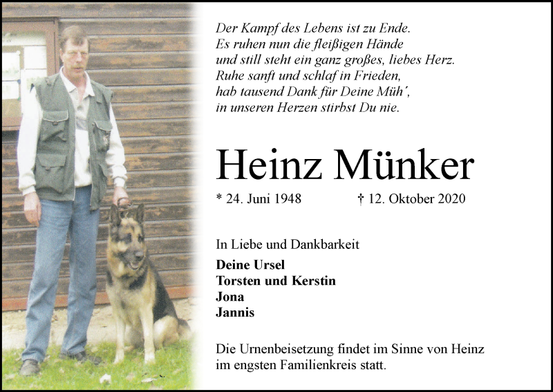  Traueranzeige für Heinz Münker vom 17.10.2020 aus Die Norddeutsche