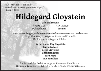 Traueranzeige von Hildegard Gloystein