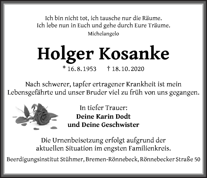 Traueranzeige von Holger Koskane von Die Norddeutsche
