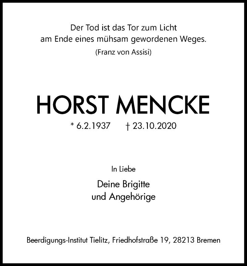 Traueranzeige von Horst Mencke von WESER-KURIER