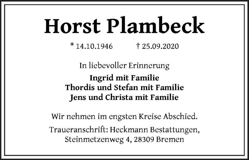  Traueranzeige für Horst Plambeck vom 10.10.2020 aus WESER-KURIER