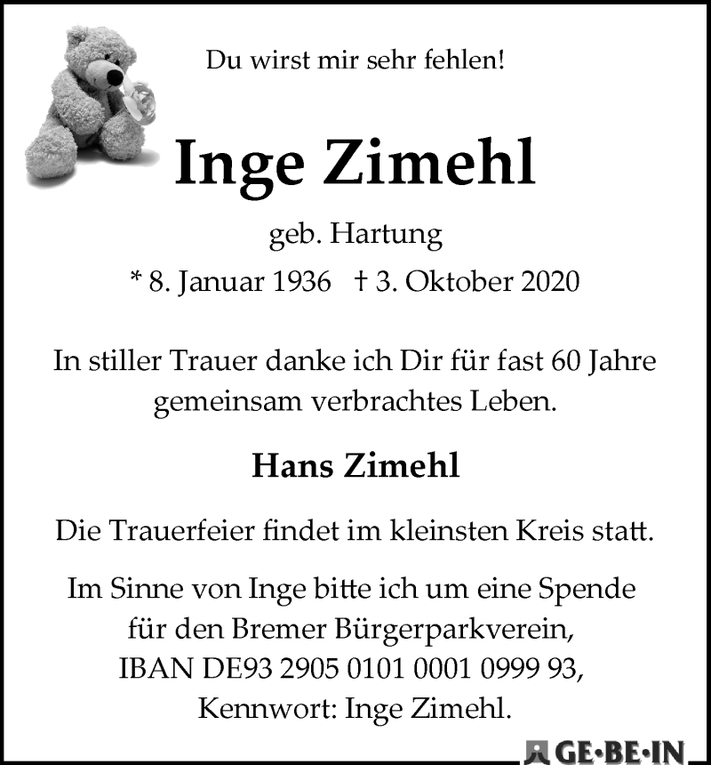 Traueranzeige von Inge Zimehl von WESER-KURIER