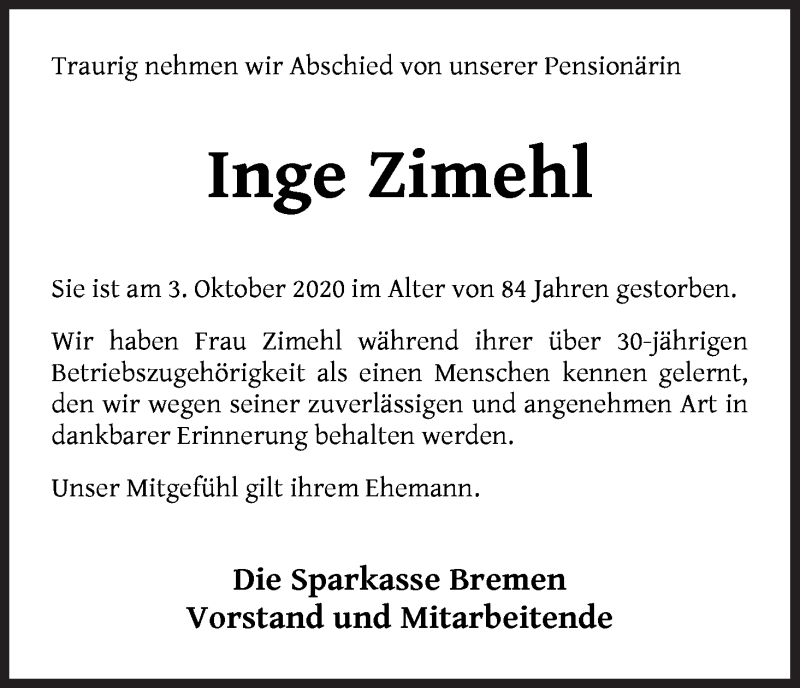 Traueranzeige von Inge Zimehl von WESER-KURIER