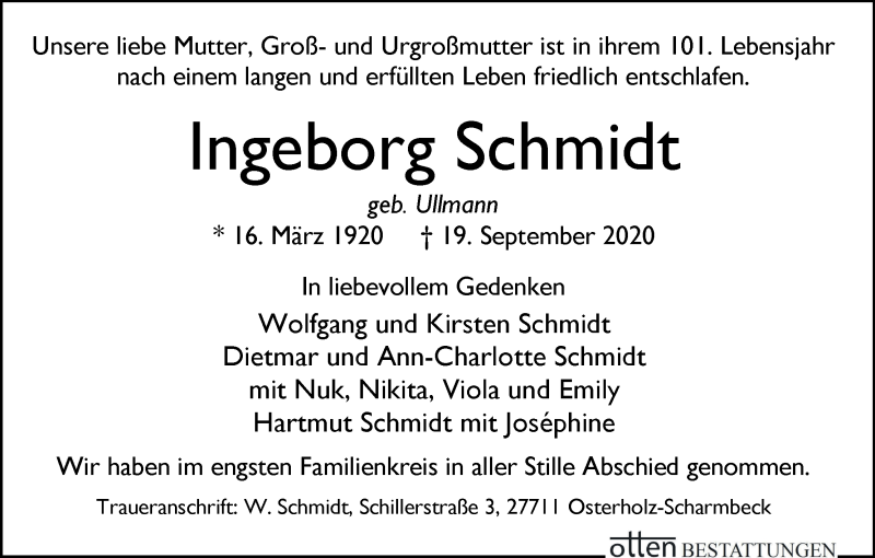 Traueranzeige von Ingeborg Schmidt von Osterholzer Kreisblatt