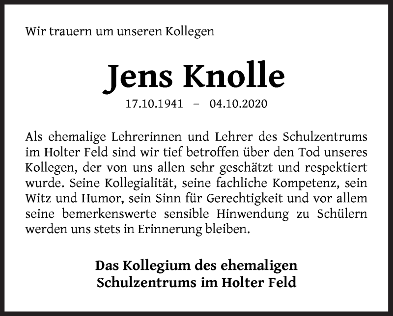  Traueranzeige für Jens Knolle vom 10.10.2020 aus WESER-KURIER