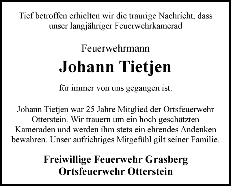  Traueranzeige für Johann Tietjen vom 21.10.2020 aus Wuemme Zeitung