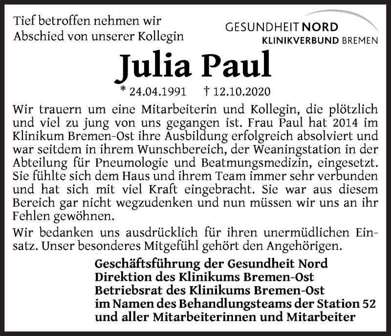  Traueranzeige für Julia Paul vom 24.10.2020 aus WESER-KURIER
