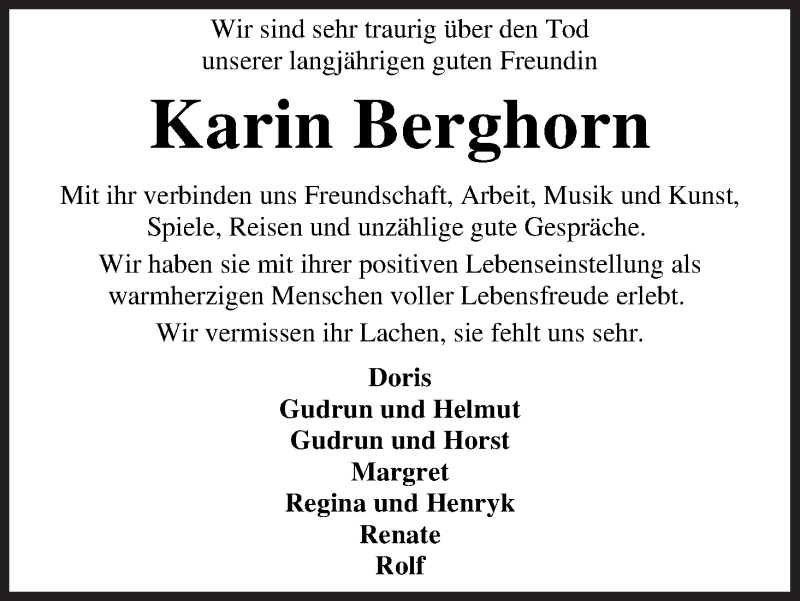  Traueranzeige für Karin Berghorn vom 21.10.2020 aus WESER-KURIER