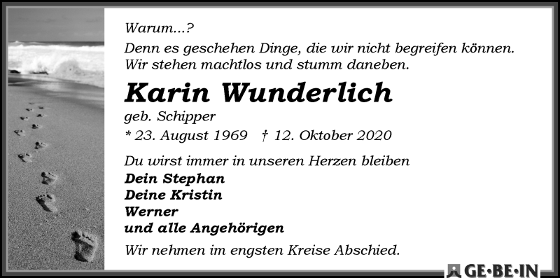  Traueranzeige für Karin Wunderlich vom 17.10.2020 aus WESER-KURIER