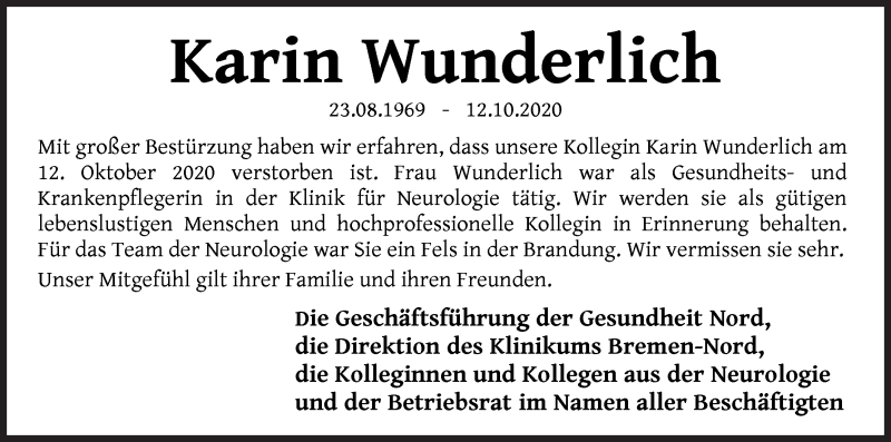  Traueranzeige für Karin Wunderlich vom 17.10.2020 aus WESER-KURIER