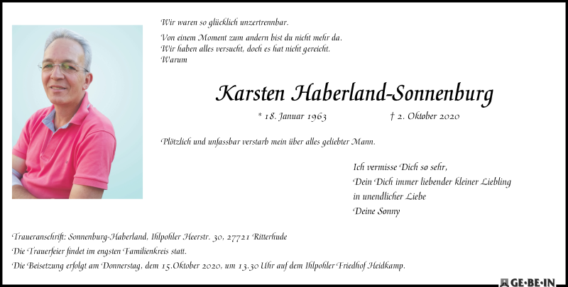  Traueranzeige für Karsten Haberland-Sonnenburg vom 10.10.2020 aus WESER-KURIER