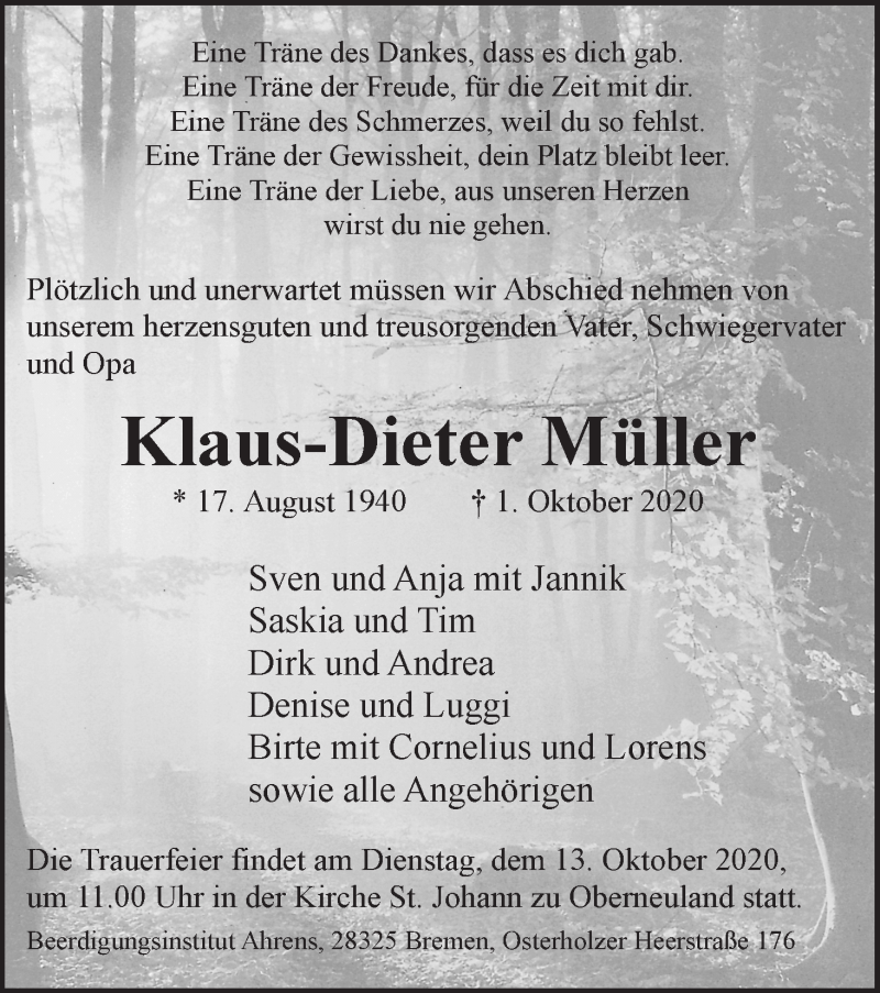 Traueranzeige von Klaus-Dieter Müller von WESER-KURIER