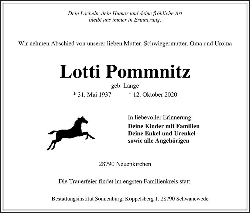 Traueranzeige von Lotti Pommnitz von Die Norddeutsche