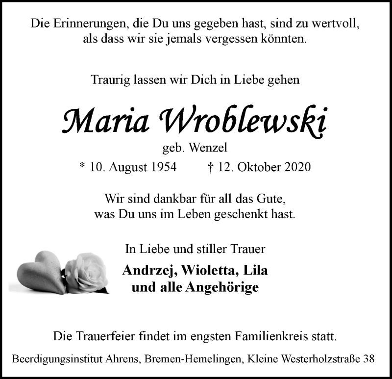  Traueranzeige für Maria Wroblewski vom 24.10.2020 aus WESER-KURIER