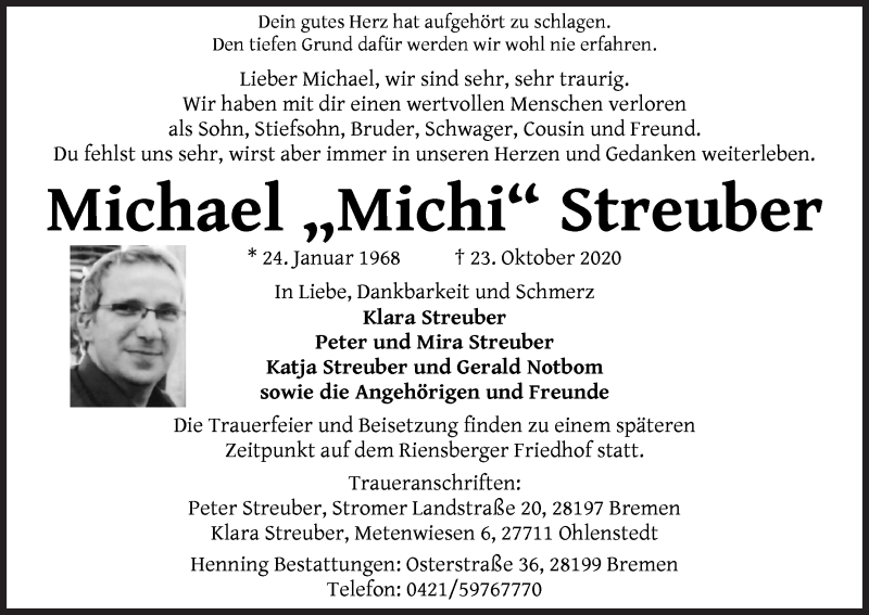  Traueranzeige für Michael Streuber vom 30.10.2020 aus WESER-KURIER