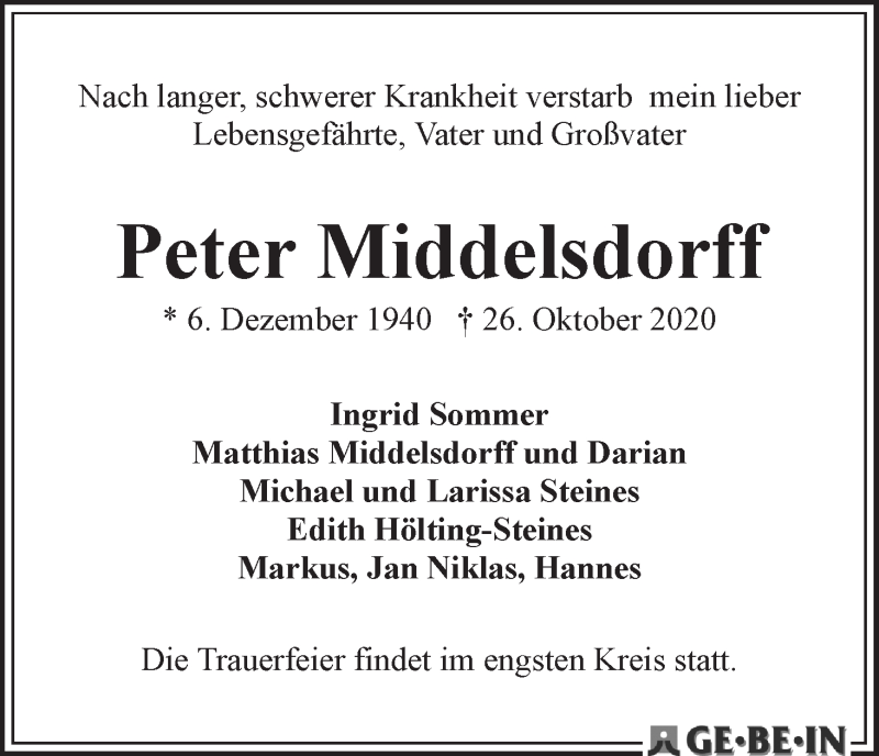 Traueranzeige von Peter Middelsdorf von WESER-KURIER
