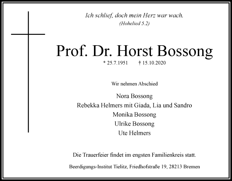  Traueranzeige für Prof. Dr. Horst Bossong vom 24.10.2020 aus WESER-KURIER