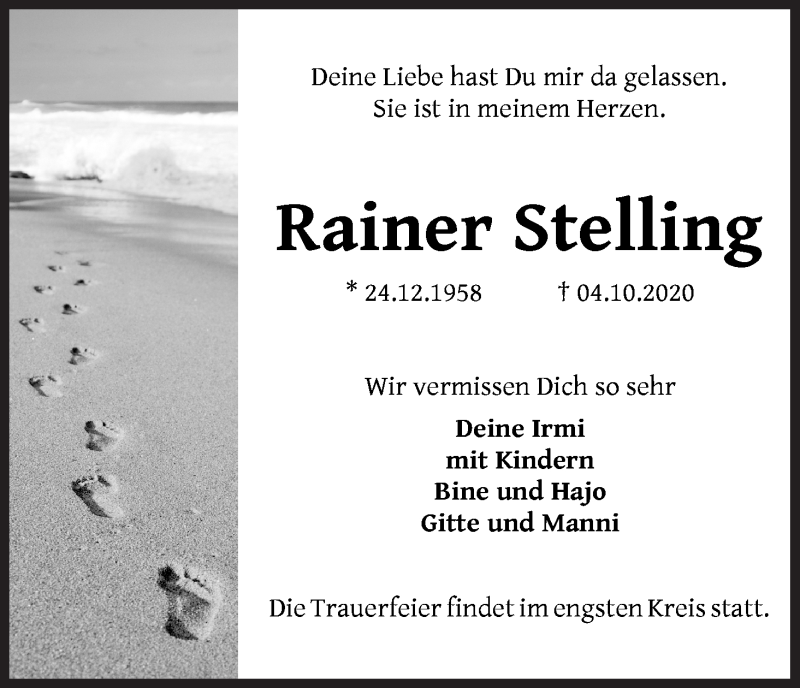  Traueranzeige für Rainer Stelling vom 10.10.2020 aus Die Norddeutsche
