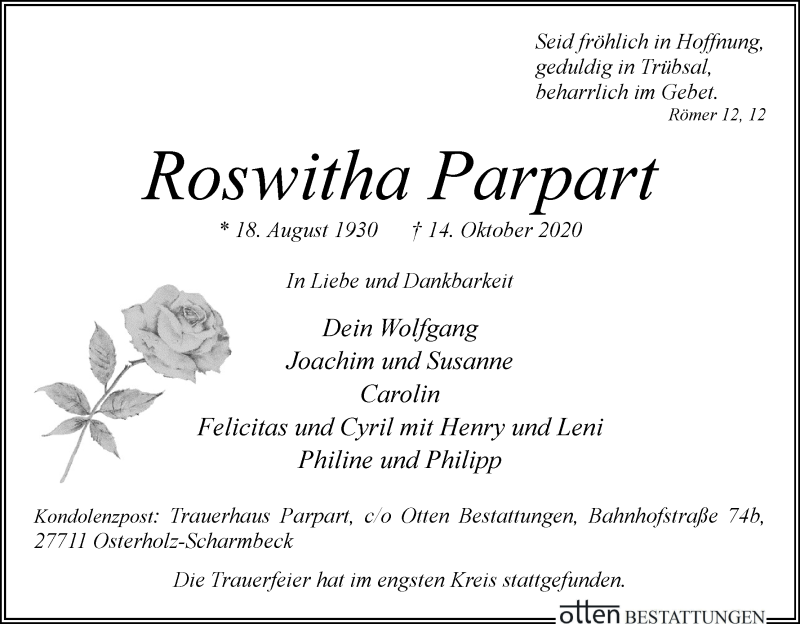 Traueranzeige von Roswitha Parpart von Osterholzer Kreisblatt