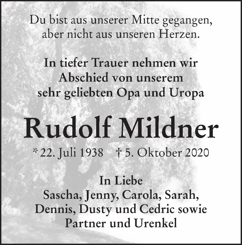  Traueranzeige für Rudolf Mildner vom 10.10.2020 aus WESER-KURIER