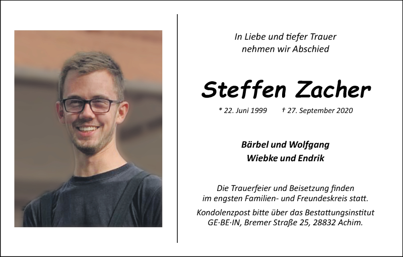  Traueranzeige für Steffen Zacher vom 02.10.2020 aus Achimer Kurier/Verdener Nachrichten