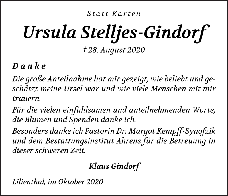 Traueranzeige von Ursula Stelljes-Gindorf von Wuemme Zeitung