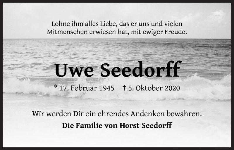  Traueranzeige für Uwe Seedorff vom 17.10.2020 aus Osterholzer Kreisblatt