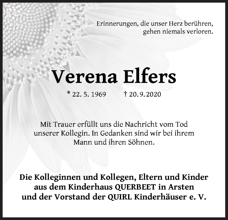  Traueranzeige für Verena Elfers vom 02.10.2020 aus WESER-KURIER