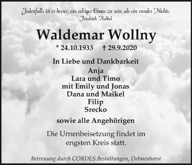  Traueranzeige für Waldemar Wollny vom 10.10.2020 aus WESER-KURIER