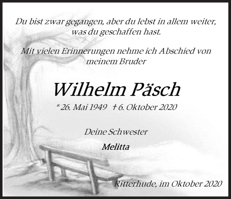  Traueranzeige für Wilhelm Päsch vom 13.10.2020 aus Osterholzer Kreisblatt