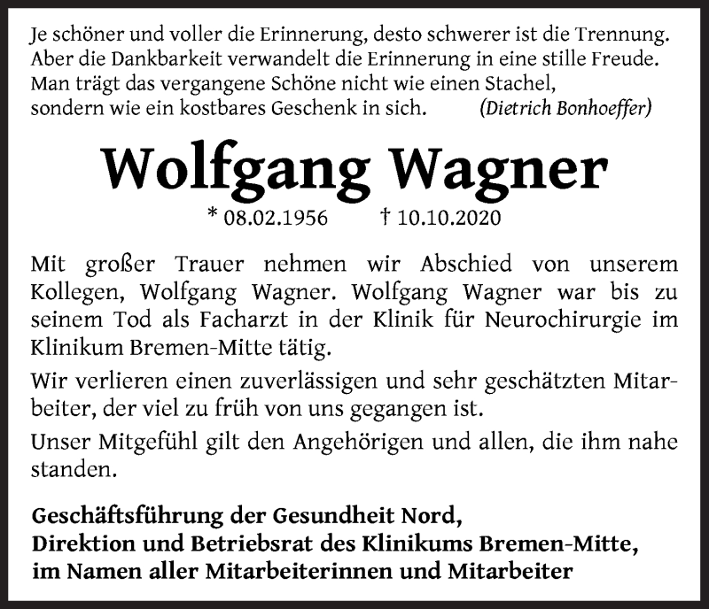  Traueranzeige für Wolfgang Wagner vom 17.10.2020 aus WESER-KURIER
