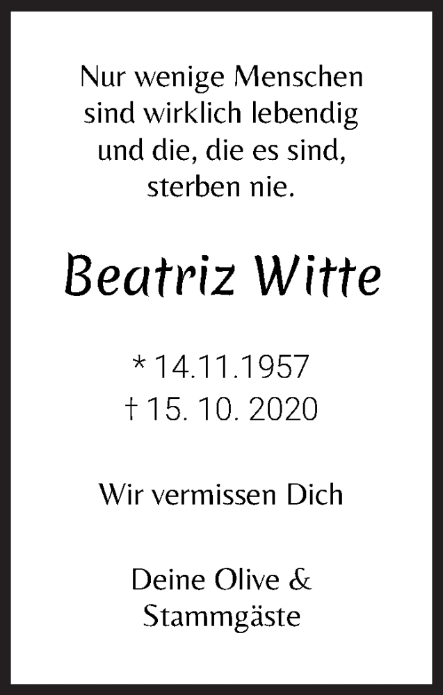  Traueranzeige für Beatriz Witte vom 14.11.2020 aus WESER-KURIER