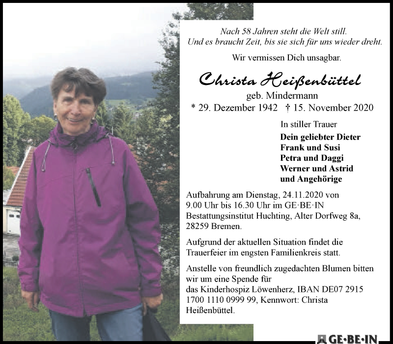  Traueranzeige für Christa Heißenbüttel vom 21.11.2020 aus WESER-KURIER
