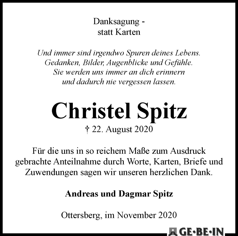 Traueranzeige von Christel Spitz von WESER-KURIER