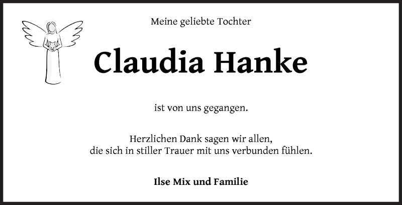  Traueranzeige für Claudia Hanke vom 07.11.2020 aus WESER-KURIER