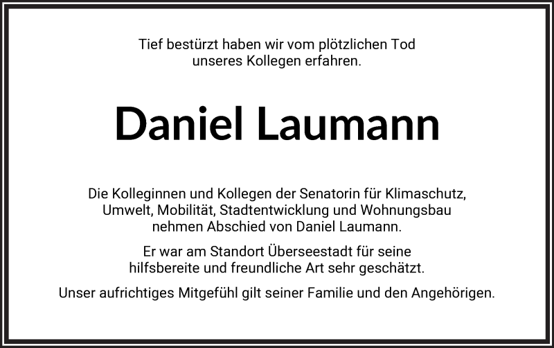  Traueranzeige für Daniel Laumann vom 28.11.2020 aus WESER-KURIER