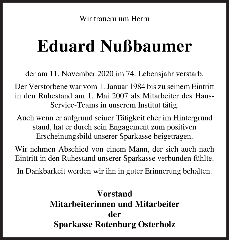  Traueranzeige für Eduard Nußbaumer vom 21.11.2020 aus Osterholzer Kreisblatt