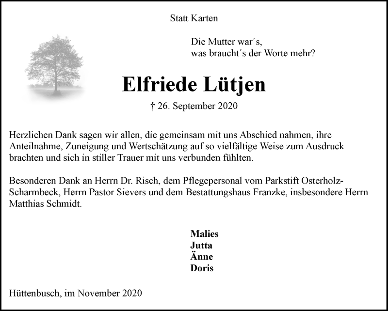 Traueranzeige von Elfriede Lütjen von Osterholzer Kreisblatt