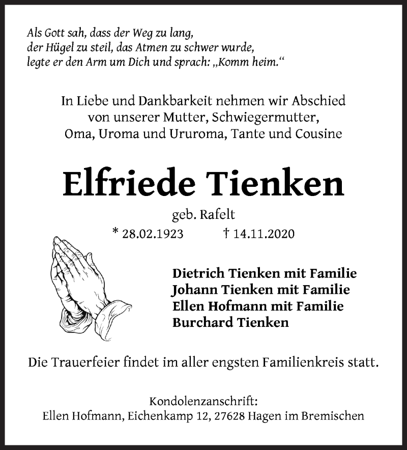 Traueranzeige für Elfriede Tienken vom 21.11.2020 aus WESER-KURIER