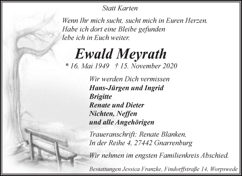  Traueranzeige für Ewald Meyrath vom 21.11.2020 aus Wuemme Zeitung
