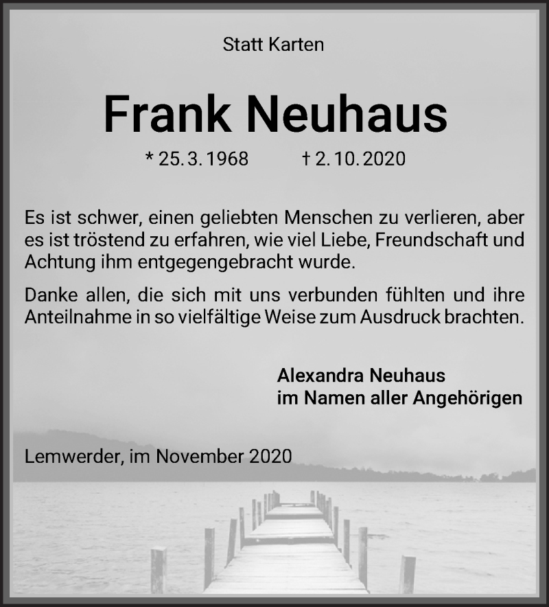  Traueranzeige für Frank Neuhaus vom 07.11.2020 aus WESER-KURIER