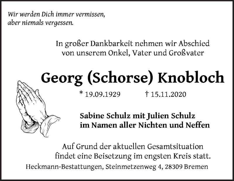  Traueranzeige für Georg (Schorse) Knobloch vom 20.11.2020 aus WESER-KURIER