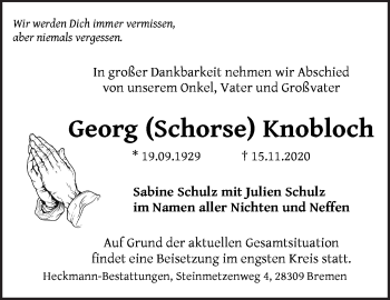 Traueranzeige von Georg (Schorse) Knobloch