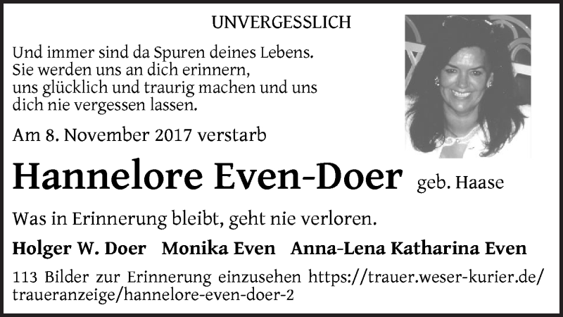  Traueranzeige für Hannelore Even-Doer   vom 07.11.2020 aus WESER-KURIER