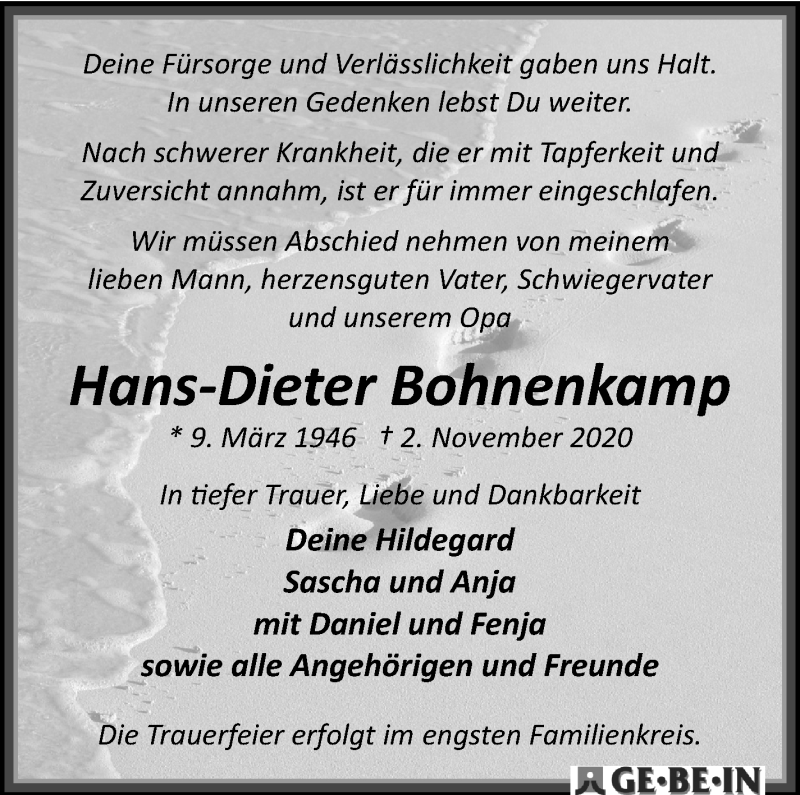  Traueranzeige für Hans-Dieter Bohnenkamp vom 14.11.2020 aus WESER-KURIER