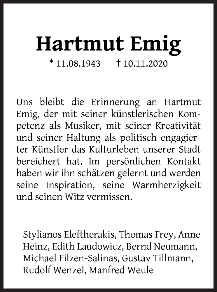  Traueranzeige für Hartmut Emig vom 21.11.2020 aus WESER-KURIER
