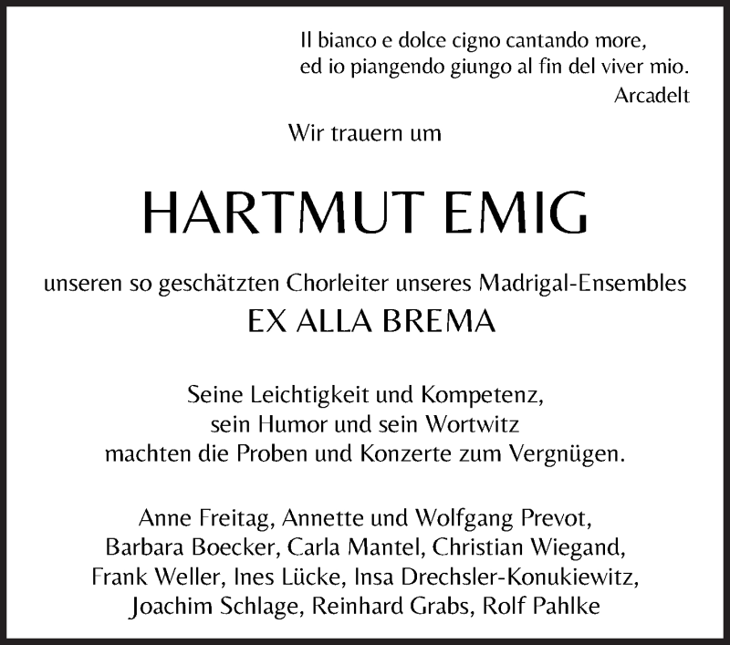  Traueranzeige für Hartmut Emig vom 21.11.2020 aus WESER-KURIER