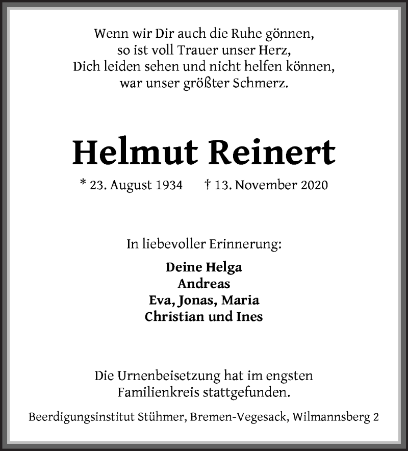 Traueranzeige von Helmut Reinert von Die Norddeutsche