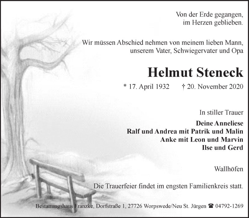  Traueranzeige für Helmut Steneck vom 25.11.2020 aus Osterholzer Kreisblatt